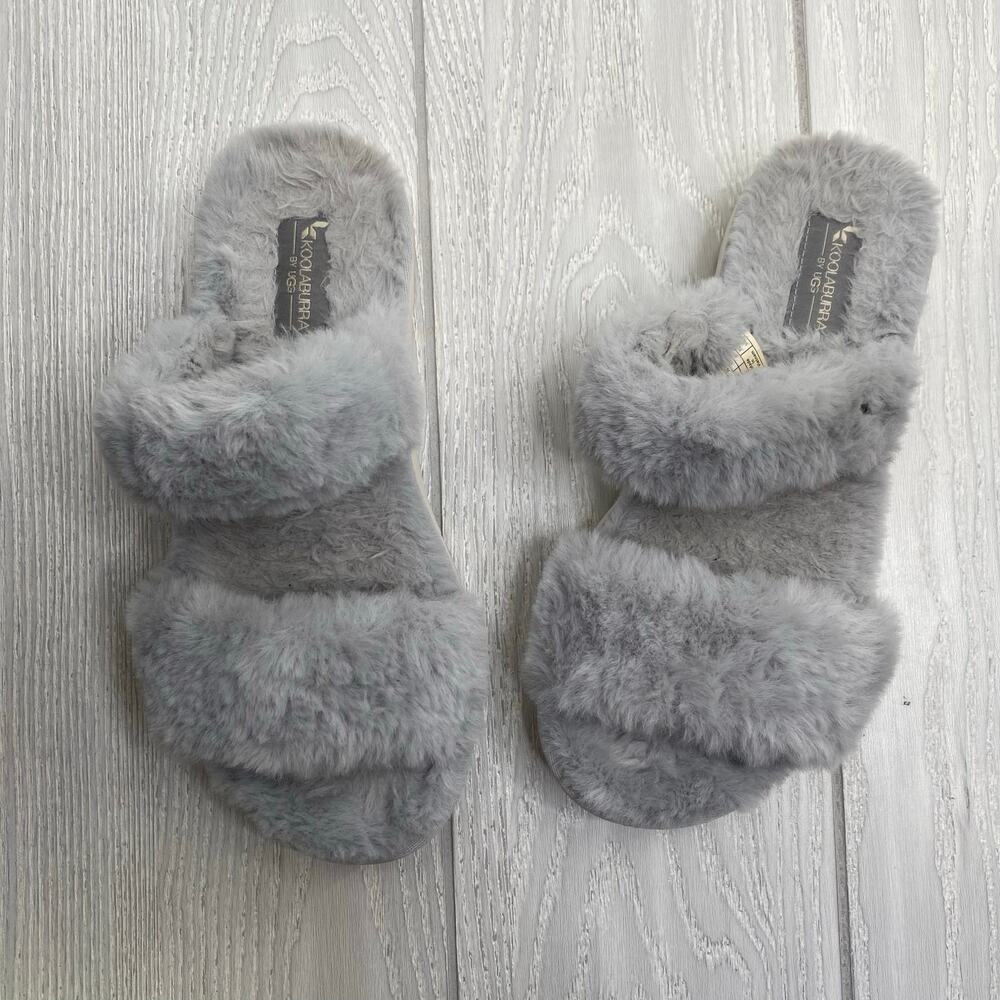 Koolaburra by UGG Wild Dove Gray Faux Fur Double Strap Slide Sandals Size 8